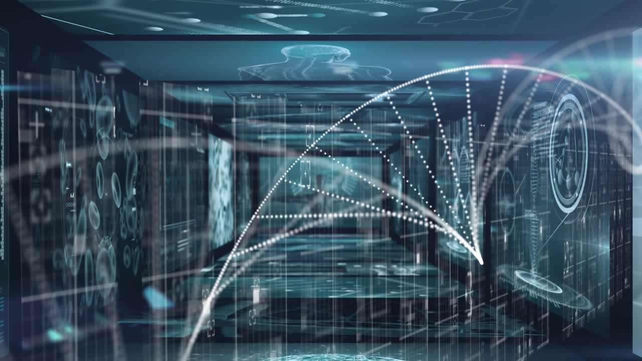 파란색 배경의 의료 데이터 처리에 대한 화면에 대해 회전하는 dna 구조