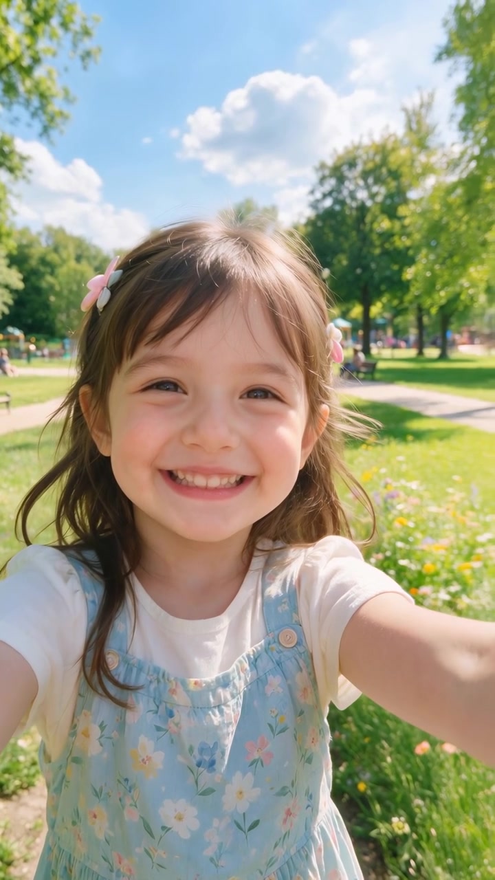 Niña sonriente sostiene el teléfono con el brazo extendido para una selfie en un luminoso parque urbano, rodeada de árboles verdes, césped, flores y la cálida luz del día de verano, con un ambiente alegre y relajado al aire libre.