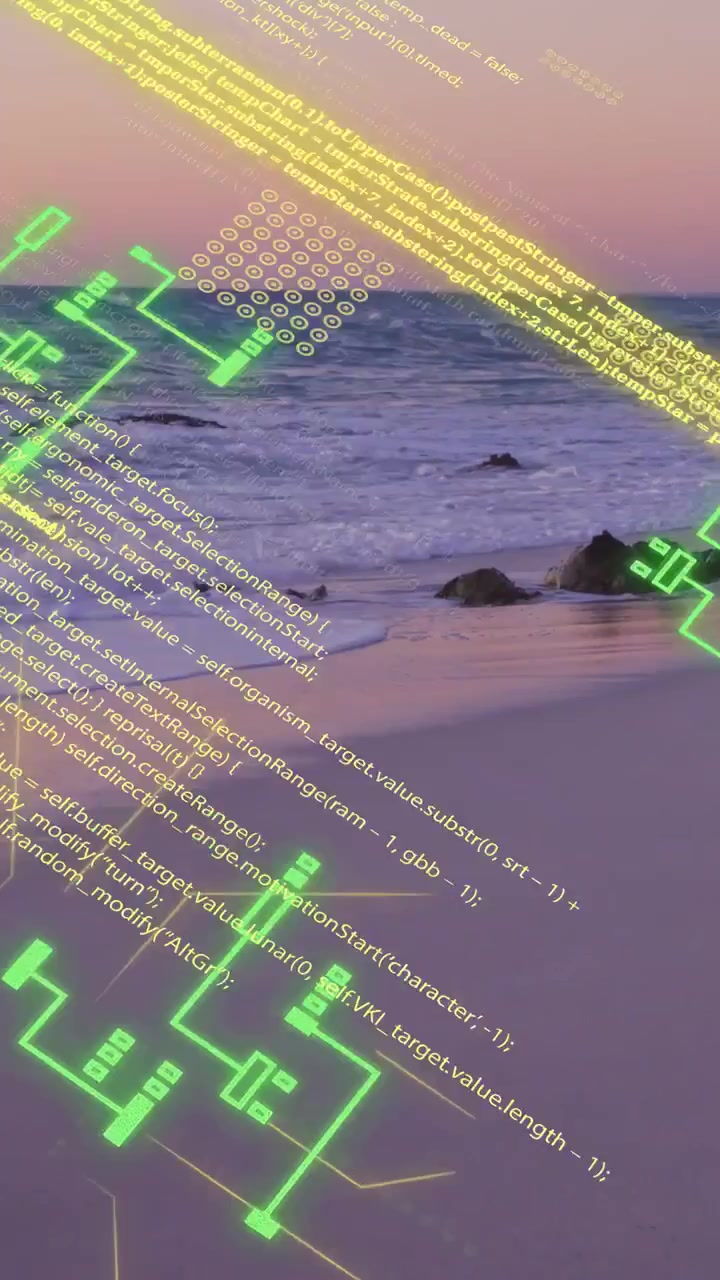 Vertical video: AR overlays appearing over sunset shore after pause, showing data via cubes