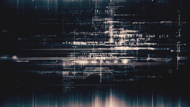 Futuristic abstract de-focus flowing data matrix, meta, metaverse, telemetry and encrypt numbers display with particles simulation in cyber space environment for head up display loop background