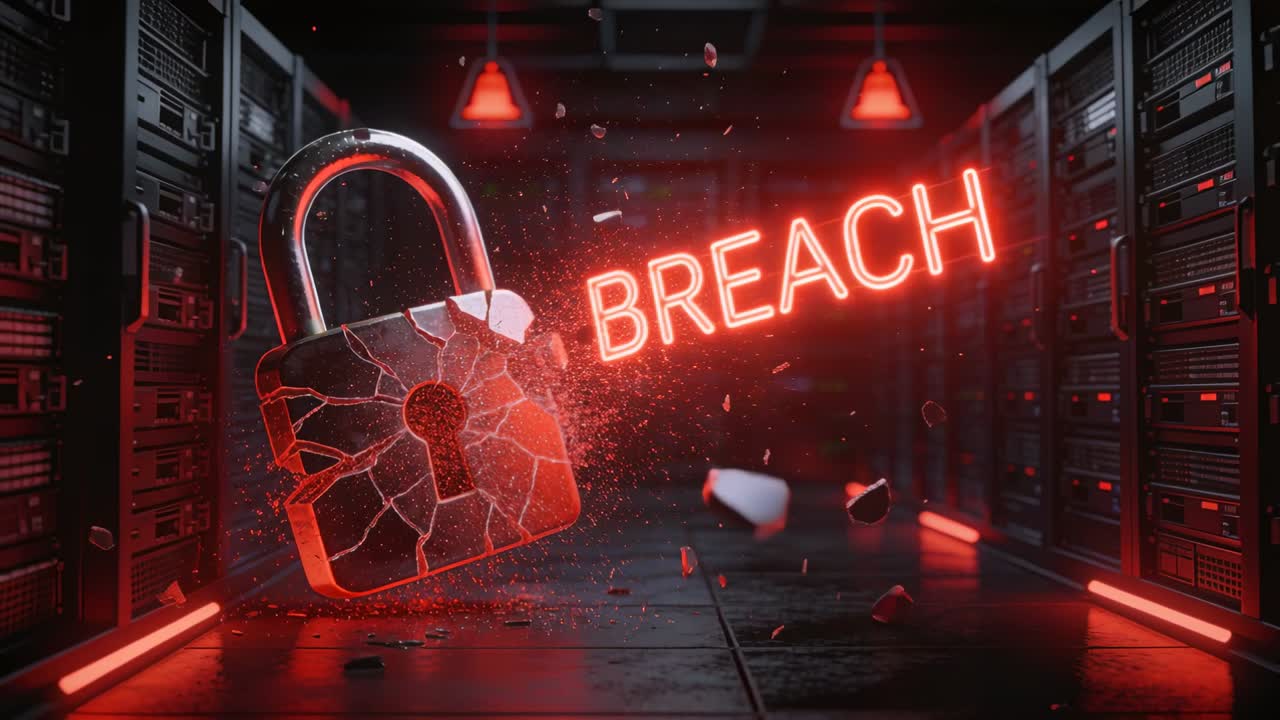Impact near keyhole causing padlock cracking and ejecting shards in server room neon BREACH pulsing