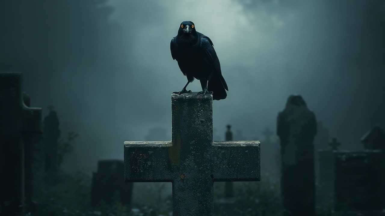 Black crow standing on stone cross shifting gaze and calling in foggy cemetery, with gravestones