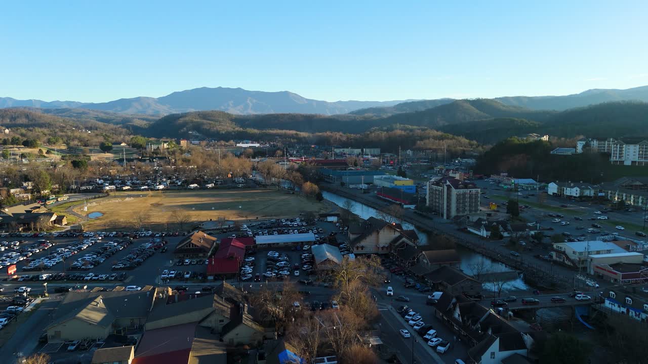 Aerial shot of the Old Mill Square in Piegon Forge, TN at sunset.