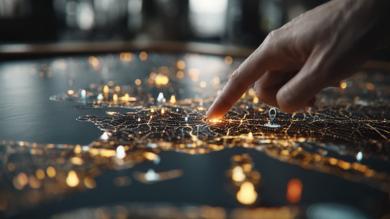 Exploring Digital Cities: A Close-Up of a Hand Interacting with a Modern Map Display Depicting a Network of Illuminated Urban Areas at Night