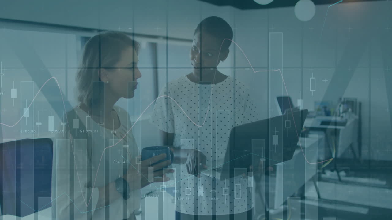 Discussing financial graphs, business professionals analyzing data in office setting