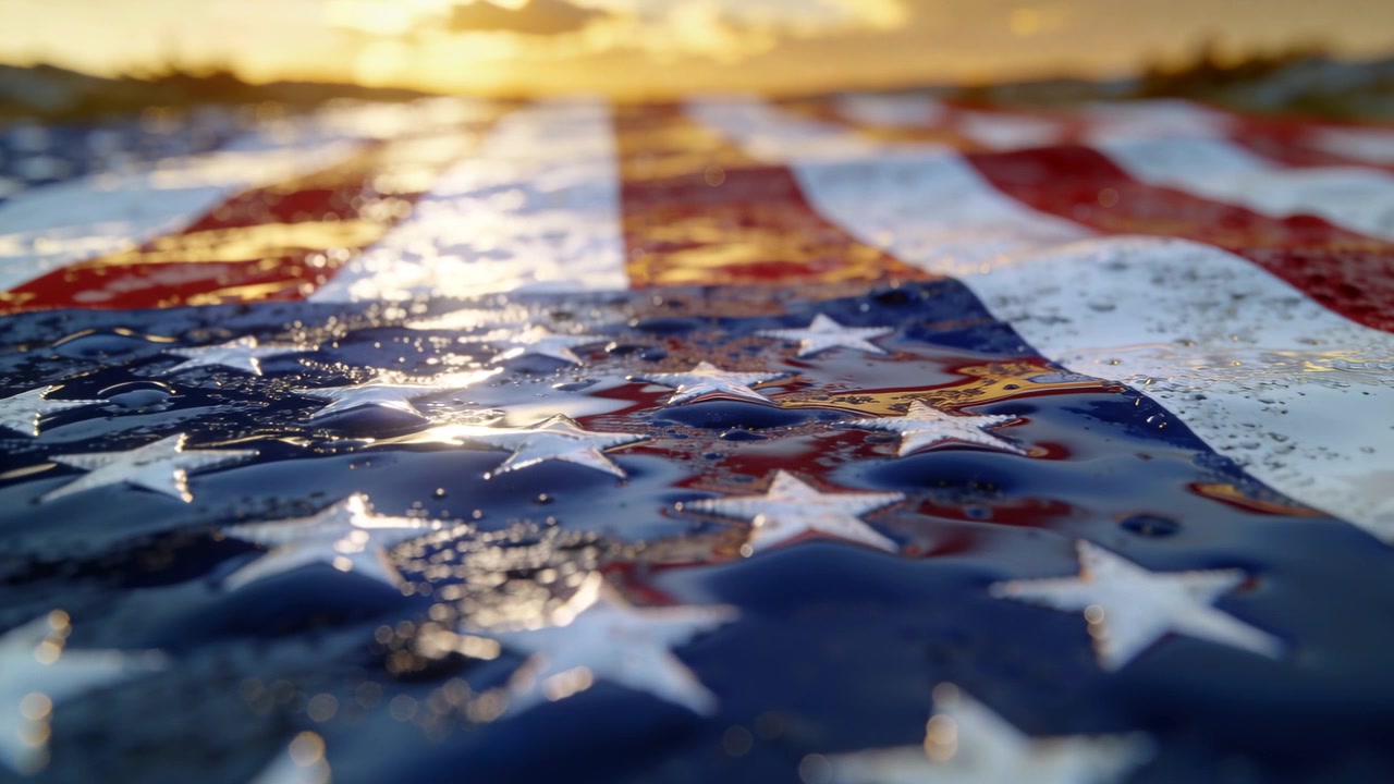 Câmera panorâmica capturando a bandeira americana mudando o foco, enquanto o sol baixo projeta um brilho nas gotas na margem.