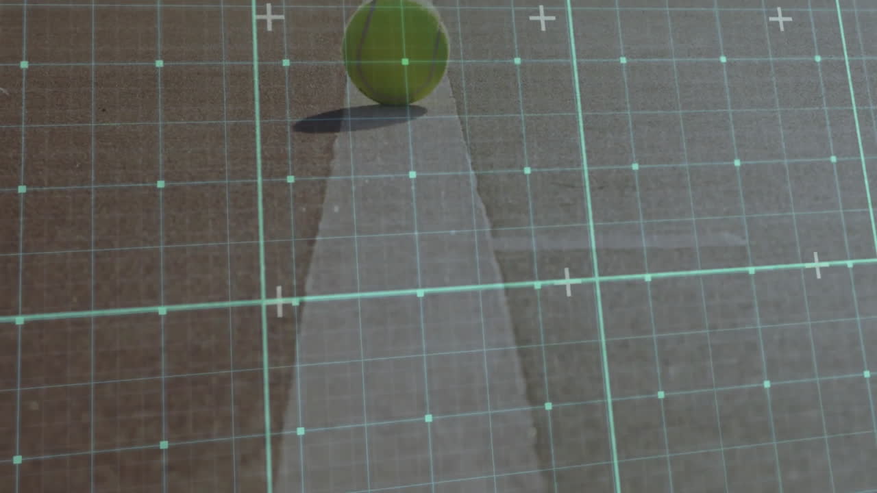 Tennis ball resting on baseline while turquoise grid overlay animates court calibration