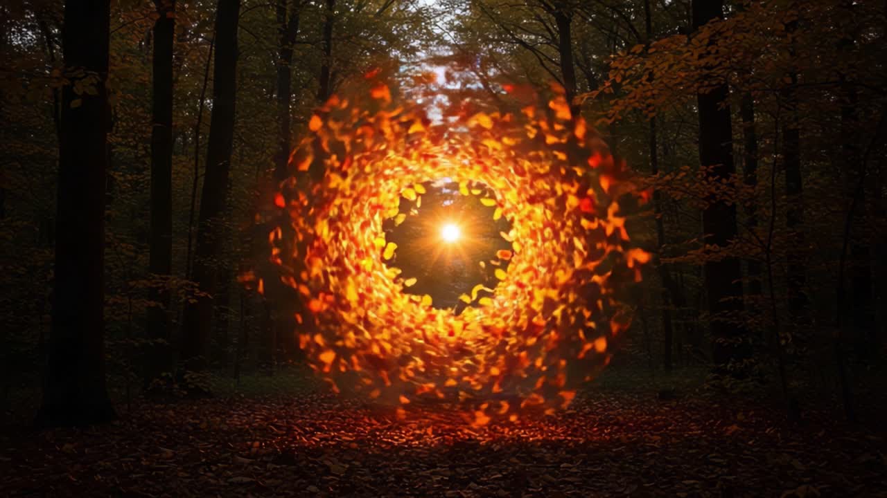 A mesmerizing display of swirling autumn leaves enveloping a radiant sun, creating a captivating circular pattern in a tranquil forest setting