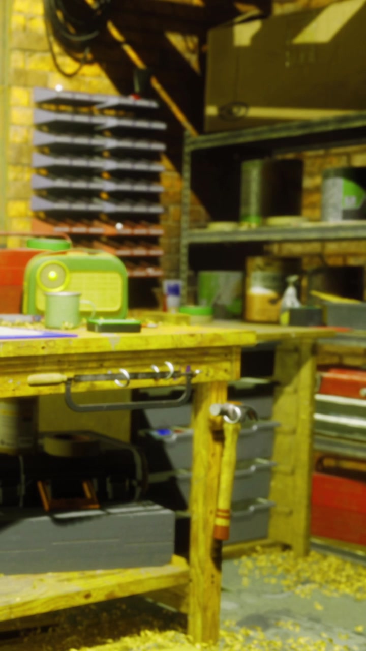 Rustic workshop filled with tools and wooden shavings at dusk
