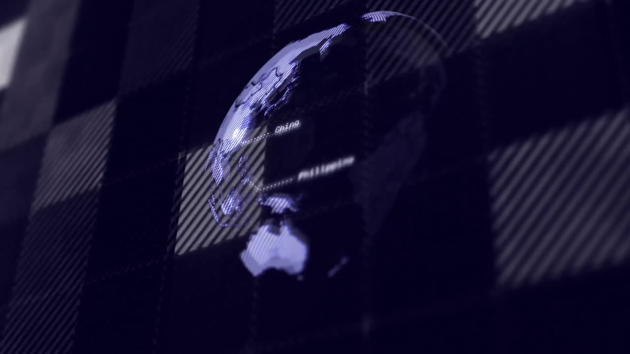 Animation of digital data processing and globe over black background