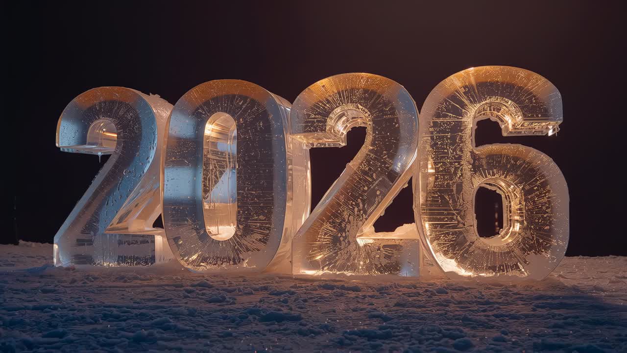Intensifying warm backlight revealing ice sculptures 2026 on snow at night, highlighting fractures