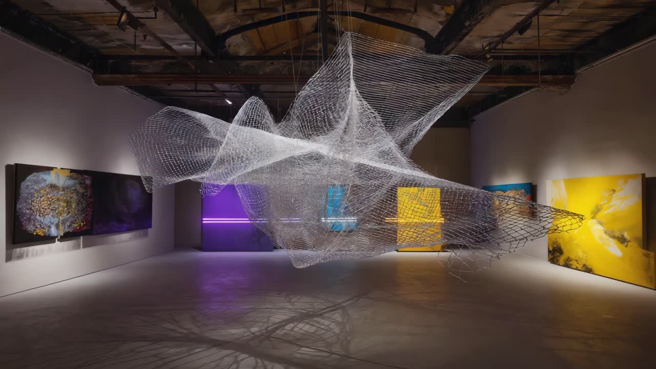 Art gallery with modern sculptures and paintings