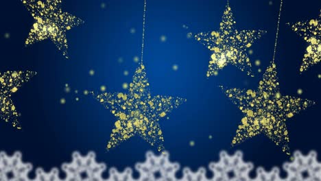 Animation-of-gold-christmas-stars-swinging-over-snowflakes-and-blue-background