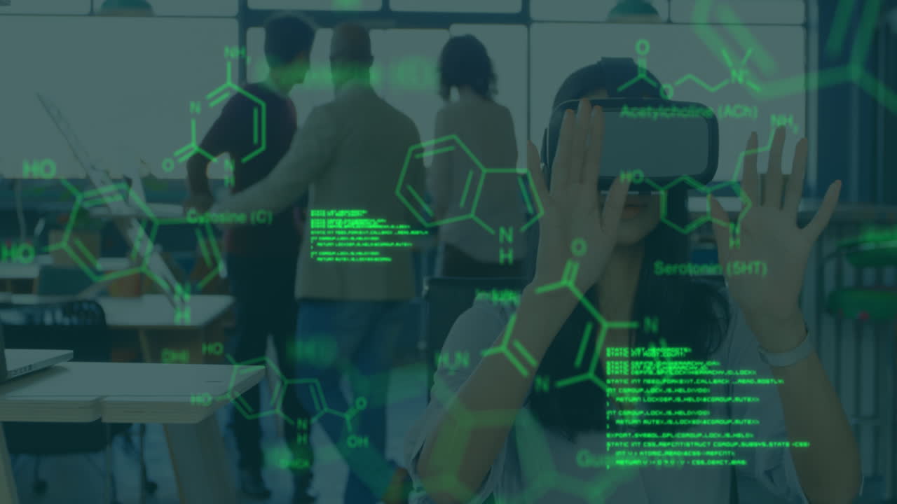 사무실에서 vr 헤드 ⁇ 을 착용하는 백인 여성에 대한 과학적 데이터의 애니메이션