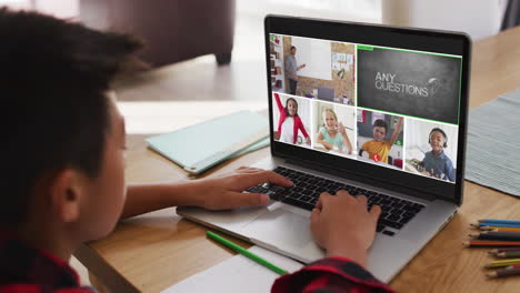 escolar que usa una computadora portátil para una lección en línea en casa, con un maestro y una clase diversos en la pantalla