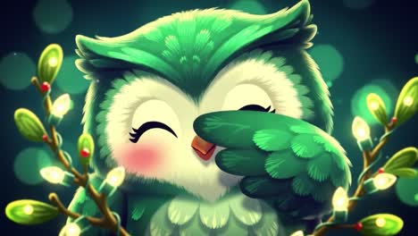charming green owl with playful expression surrounded by luminous branches in a magical and whimsical forest setting captured in two frames