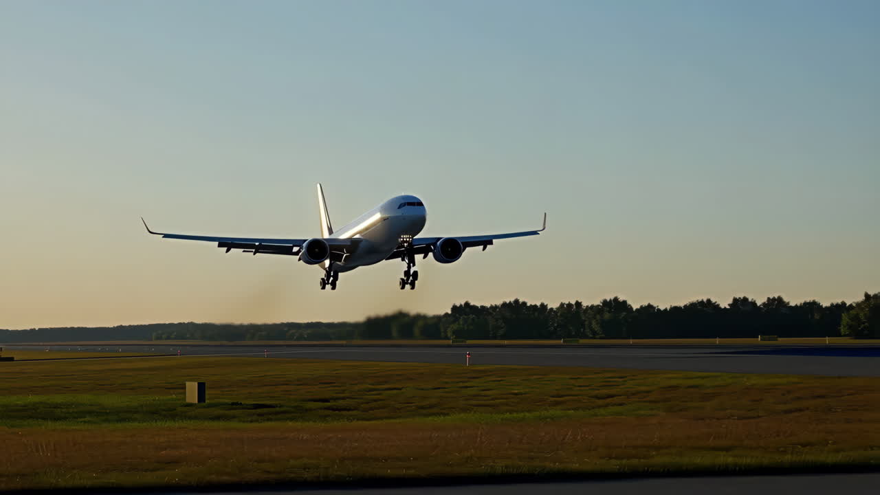 Large passenger airplane taking off from a runway at sunset