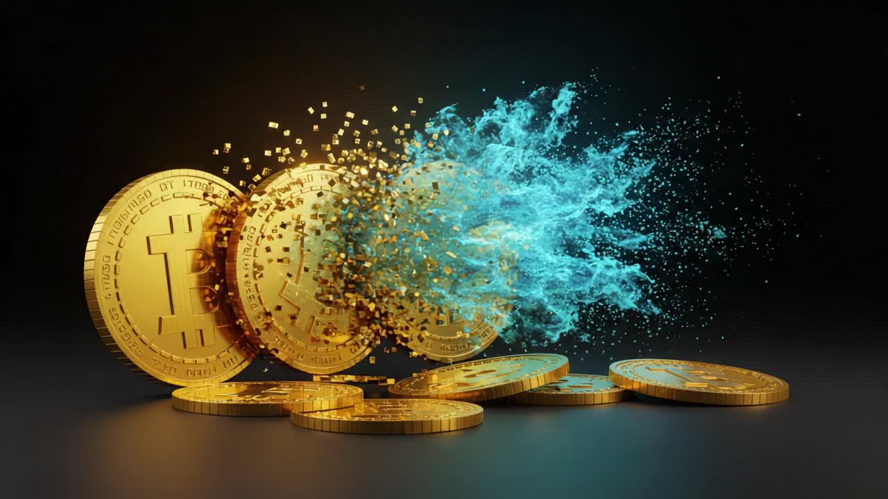 Dynamic Transformation of Digital Currency: A Stunning Visual Representation of Bitcoin Coins Merging with Water Splashes in a Captivating Animation Sequence