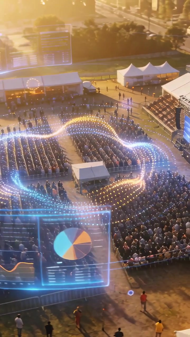 Vertical video: Panning drone causing AR overlays showing audience across field near stage for data