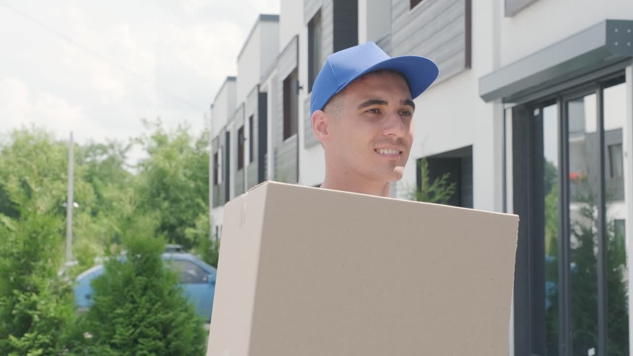 한 젊은 택배업자가 패키지와 태블릿을 들고 거리에서 걸어가서 상자를 고객의 집에 직접 배달합니다.