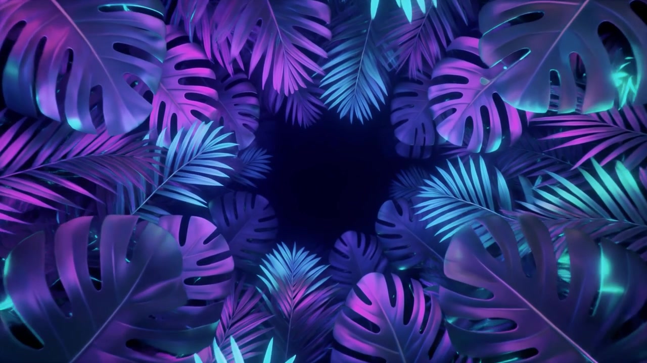Tropical Monstera and Palm Leaves with Neon Purple and Blue Lighting