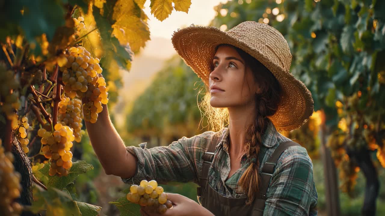 An Engaged Vineyard Worker Harvesting Grapes at Sunset, Showcasing the Beauty of Nature and Passionate Labor in the Wine Industry