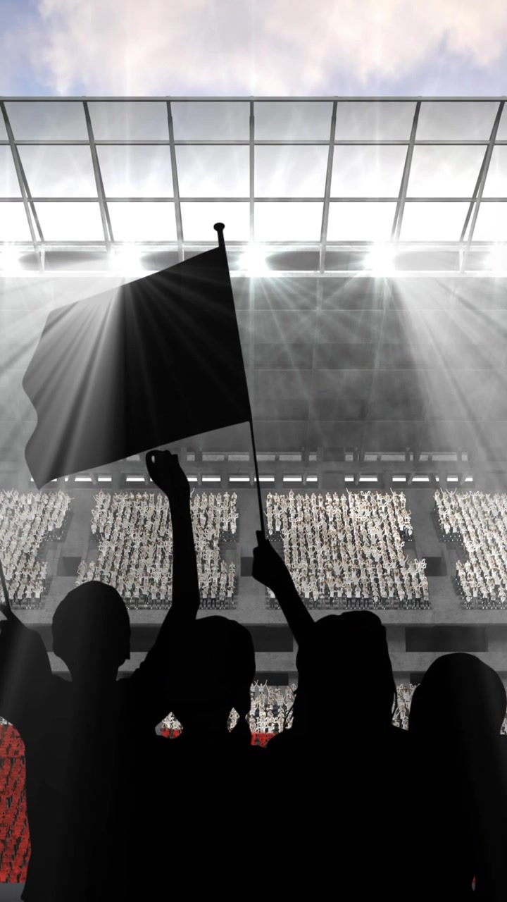 Animazione delle silhouette di un tifoso che esulta con bandiera cilena su uno stadio sportivo