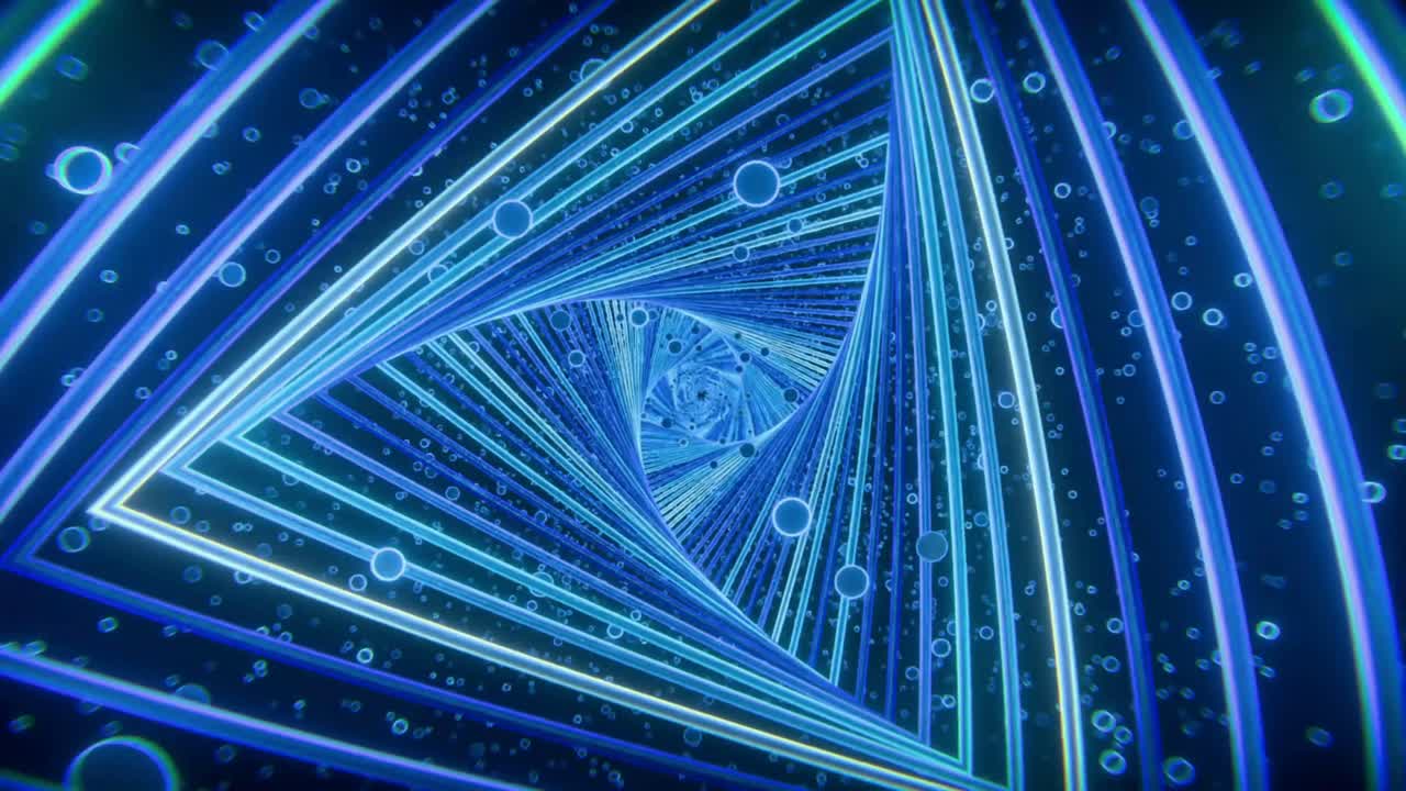 Dynamic Abstract Blue Triangle Tunnel with Glowing Particles