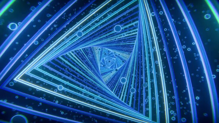 Dynamic Abstract Blue Triangle Tunnel with Glowing Particles