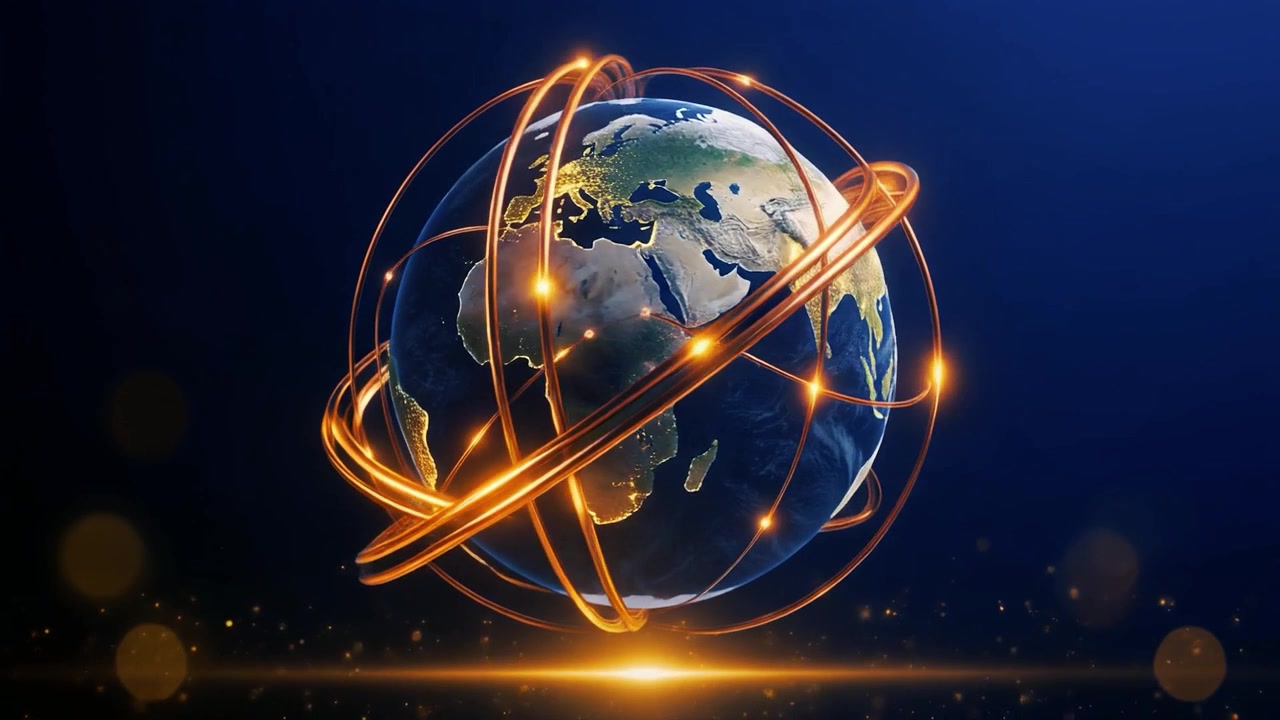 Globo terrestre rotante circondato da anelli orbitali dorati luminosi