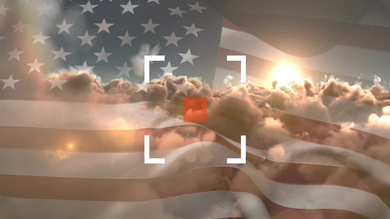 Waving American flag with target symbol over clouds in animation style