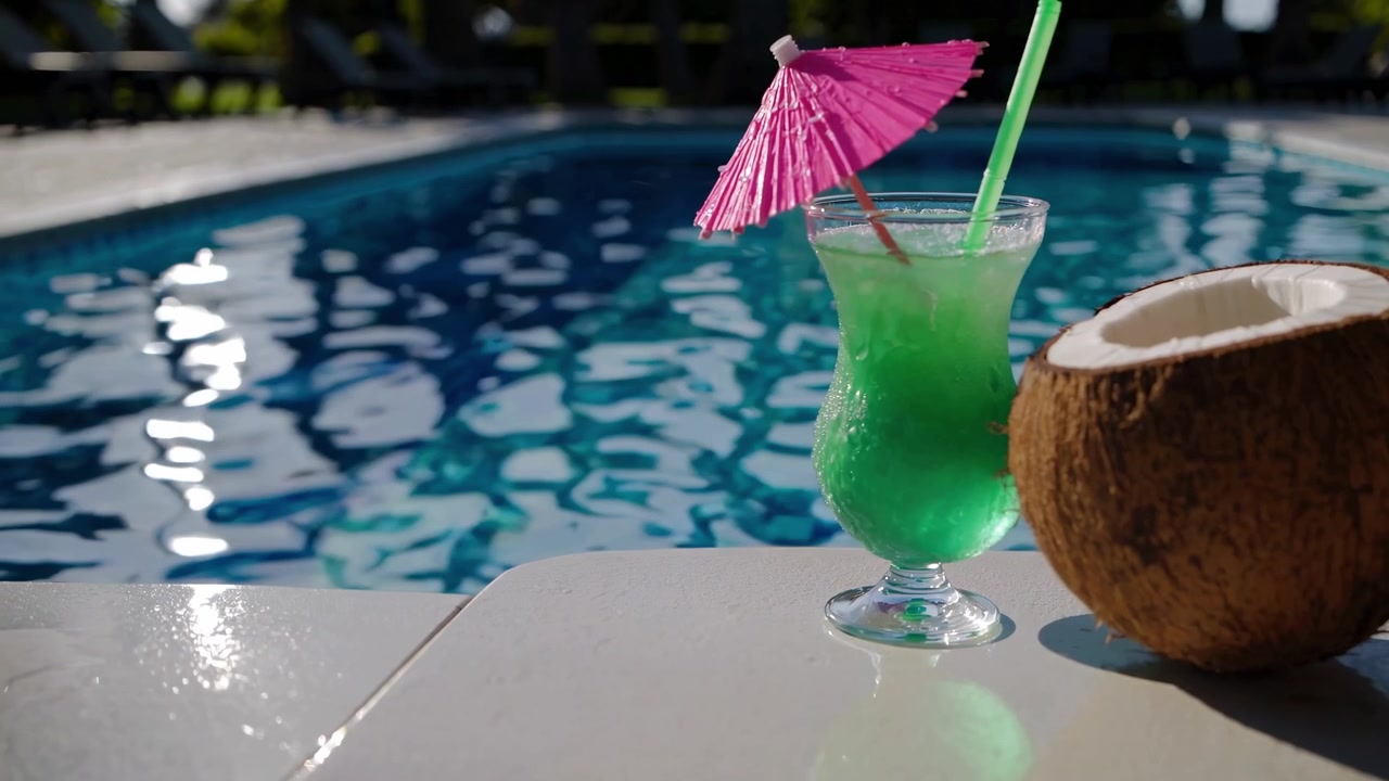 Refreshing Green Cocktail and Coconut by a Sparkling Swimming Pool