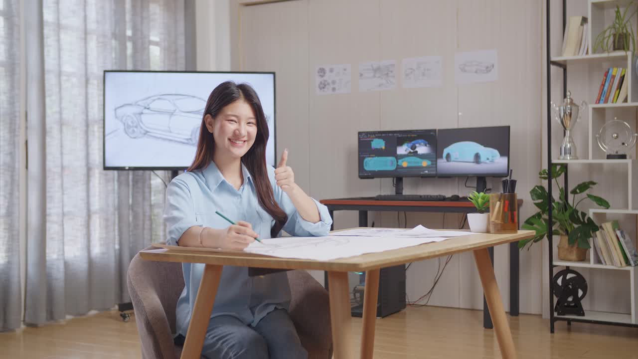 젊은 여성 자동차 디자이너가 스케치를 작업하고 있습니다.