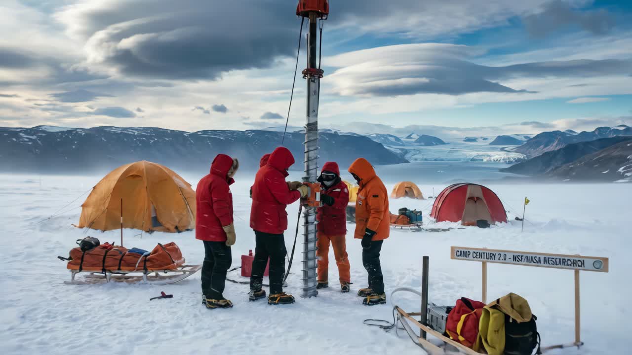 Scientists Drilling for Ice Cores in a Remote Arctic Research Camp