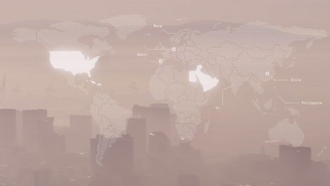 animation of illuminated map with multiple countries name over fog covered modern city