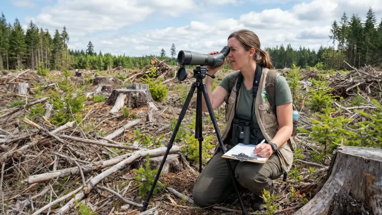 Cientista ambiental do sexo feminino observando o reflorestamento em área de desmatamento