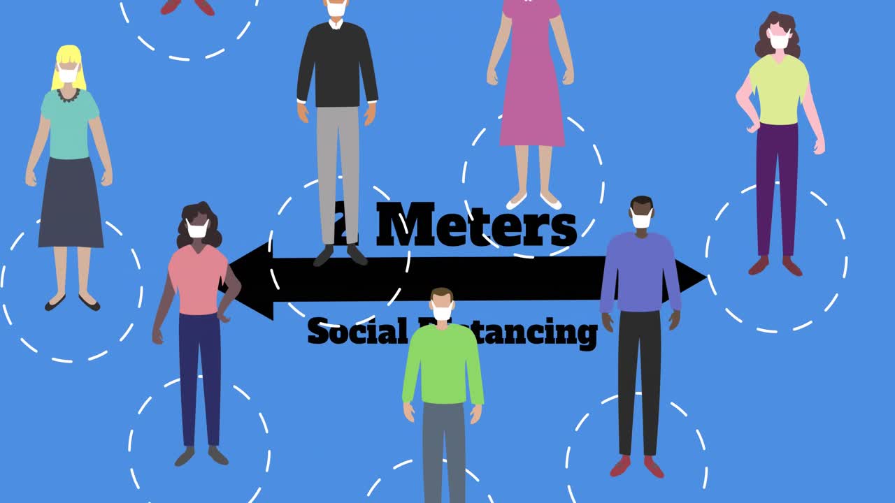 얼굴 마스크를 착용한 여러 사람이 파란색 배경에서 사회적 거리를 유지합니다.