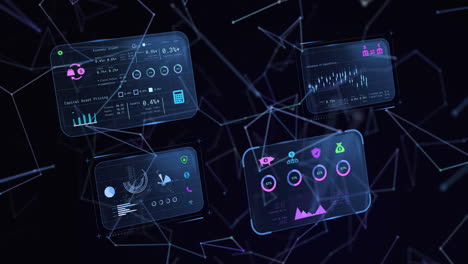 animation of financial data processing over network of connections on black background