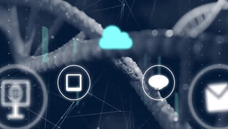 cloud computing icons in animation over dna strands and digital network background