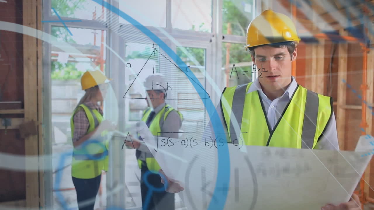 Animation of mathematical equations and scope scanning over caucasian workers holding project