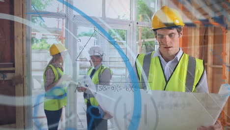 animation of mathematical equations and scope scanning over caucasian workers holding project