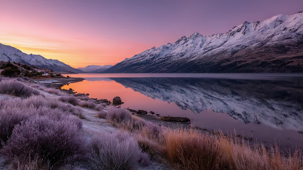Paesaggio Mattutino Tranquillo: Un Sereno Riflesso nelle Acque Calme di un Maestoso Lago Alpino Circondato da Montagne Innevate e Vegetazione Lussureggiante