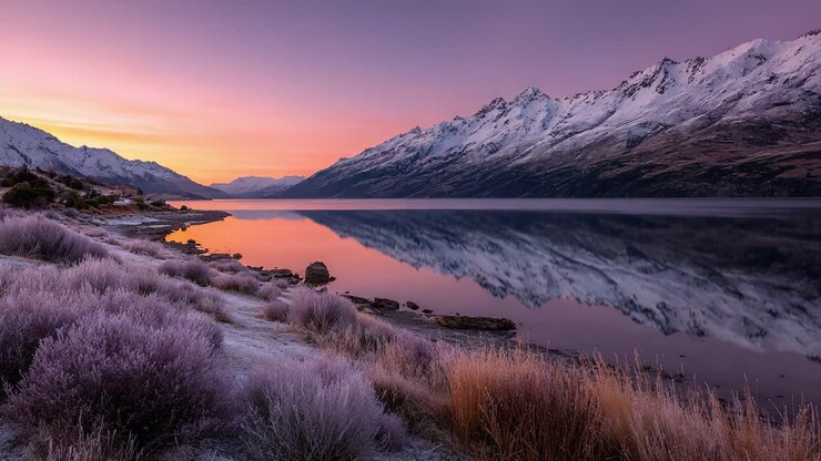 Paesaggio Mattutino Tranquillo: Un Sereno Riflesso nelle Acque Calme di un Maestoso Lago Alpino Circondato da Montagne Innevate e Vegetazione Lussureggiante