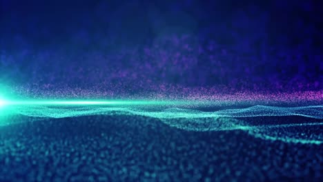 abstract blue and purple light particle motions, forming floating surface while reflecting on dark background