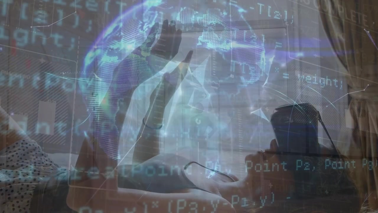 Animation of data processing over caucasian woman using vr headset