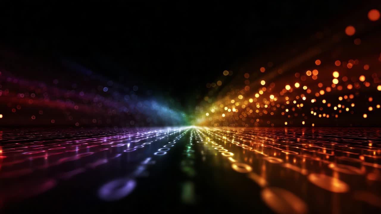 A mesmerizing digital landscape illuminated by vibrant streaks of color and glowing binary patterns, creating an immersive visual experience that captivates with a dynamic interplay of light and motion