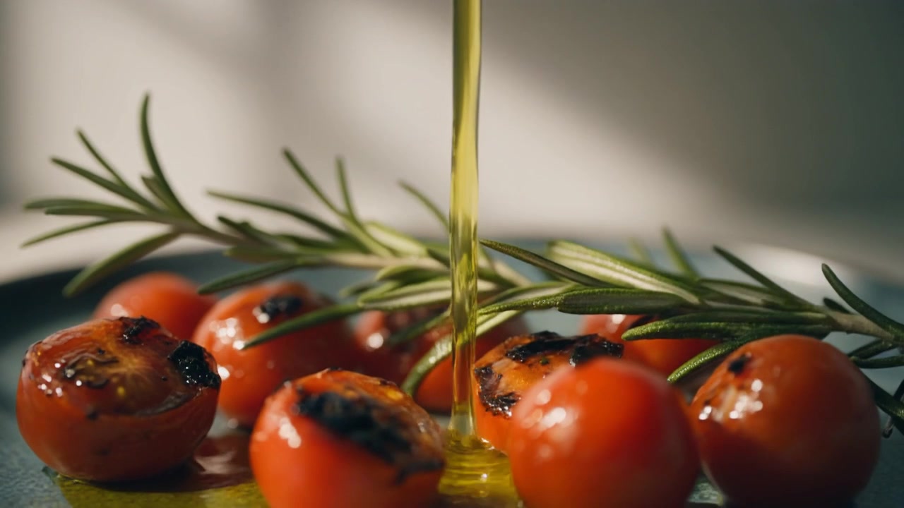 Olio d'oliva che cola su pomodorini ciliegino arrostiti e rosmarino fresco