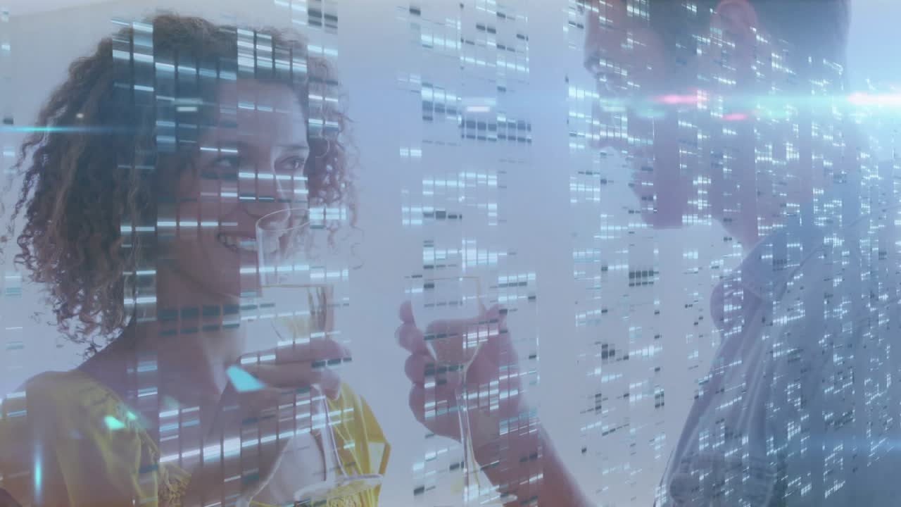 Man raising glass causing woman sipping flute for toast, data overlay flaring, marketing