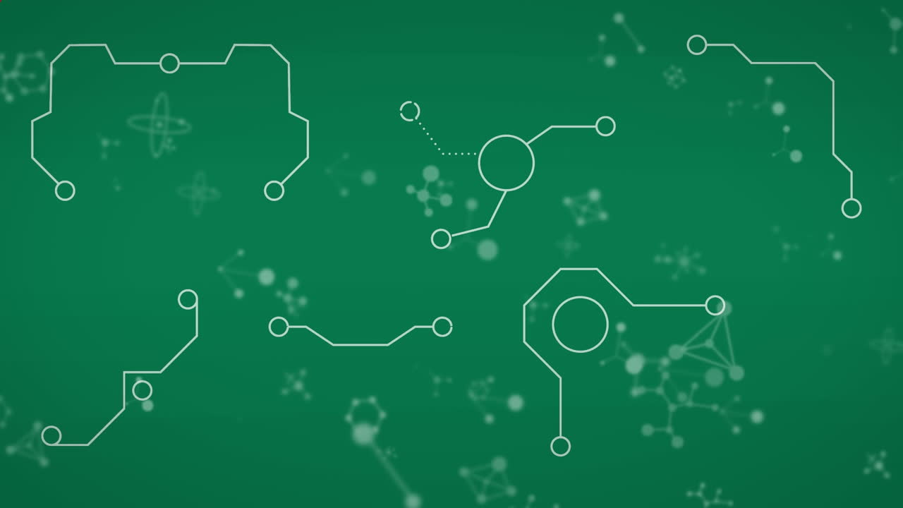 Animation of red geometrical shapes over green background with integrated circuit