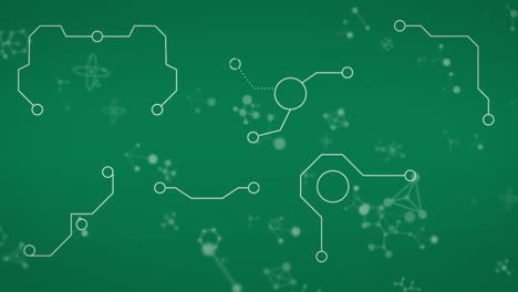animación de formas geométricas rojas sobre fondo verde con circuito integrado